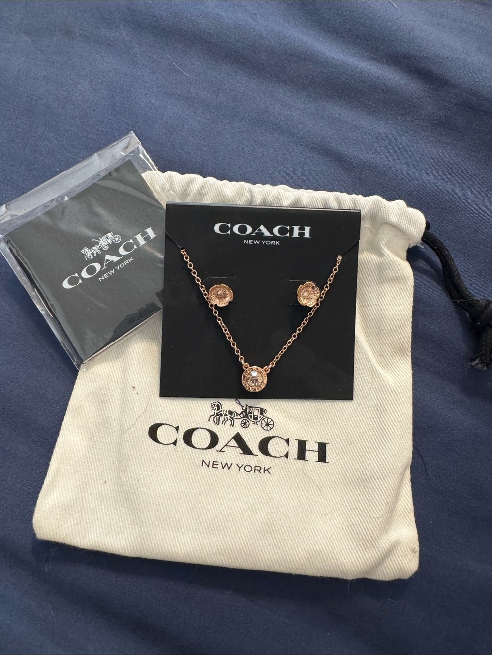 Coach Rose Gold Plated Tea Rose Pendant Necklace with Matching Stud Delicate NWT